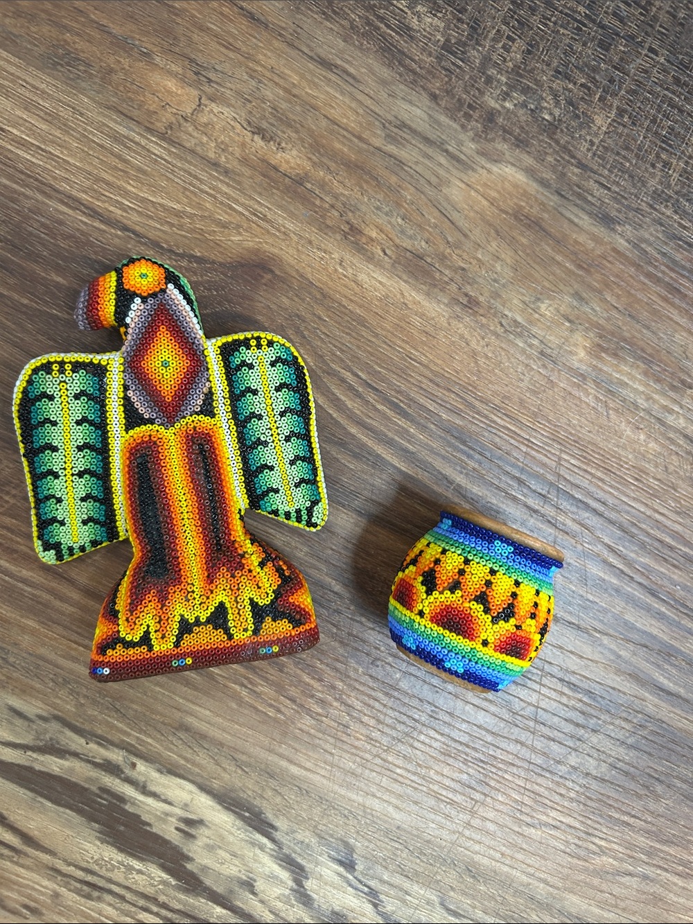 Huichol Multicolor Beaded Thunderbird/Eagle Sculpture and Beaded Mini Pot